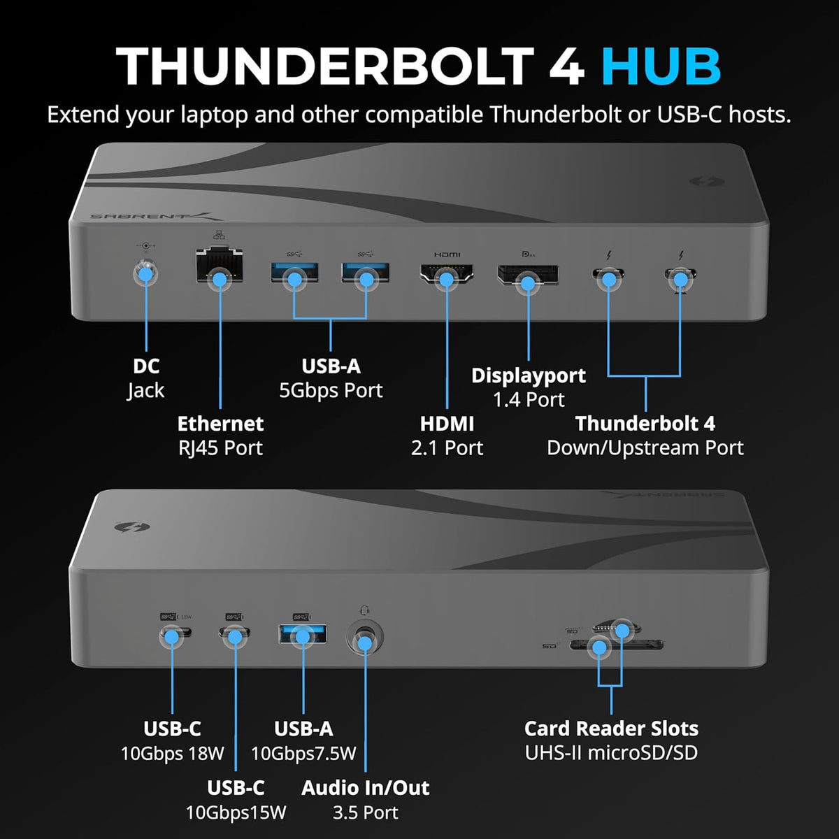 SABRENT Thunderbolt 4 Docking Station, TB4 Ports, 8K/4K, USB4 & TB3 Compatible, DP 1.4, HDMI 2.1, USB-C/USB-A Ports, Gigabit Ethernet, Audio Jack, SD/TF Card Reader, Windows/macOS/Linux (DS-T4MF)