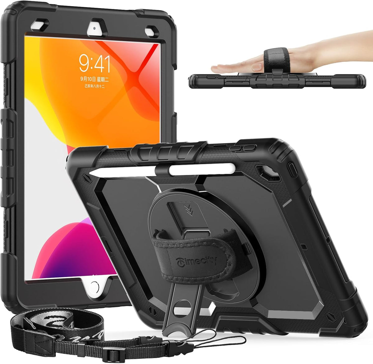 Timecity Case for iPad 9th/ 8th/ 7th Generation 10.2 inch - Heavy Duty Protective Cover with Screen Protector, Rotating Stand, Shoulder Strap & Pencil Holder | Kids-Friendly (Black)