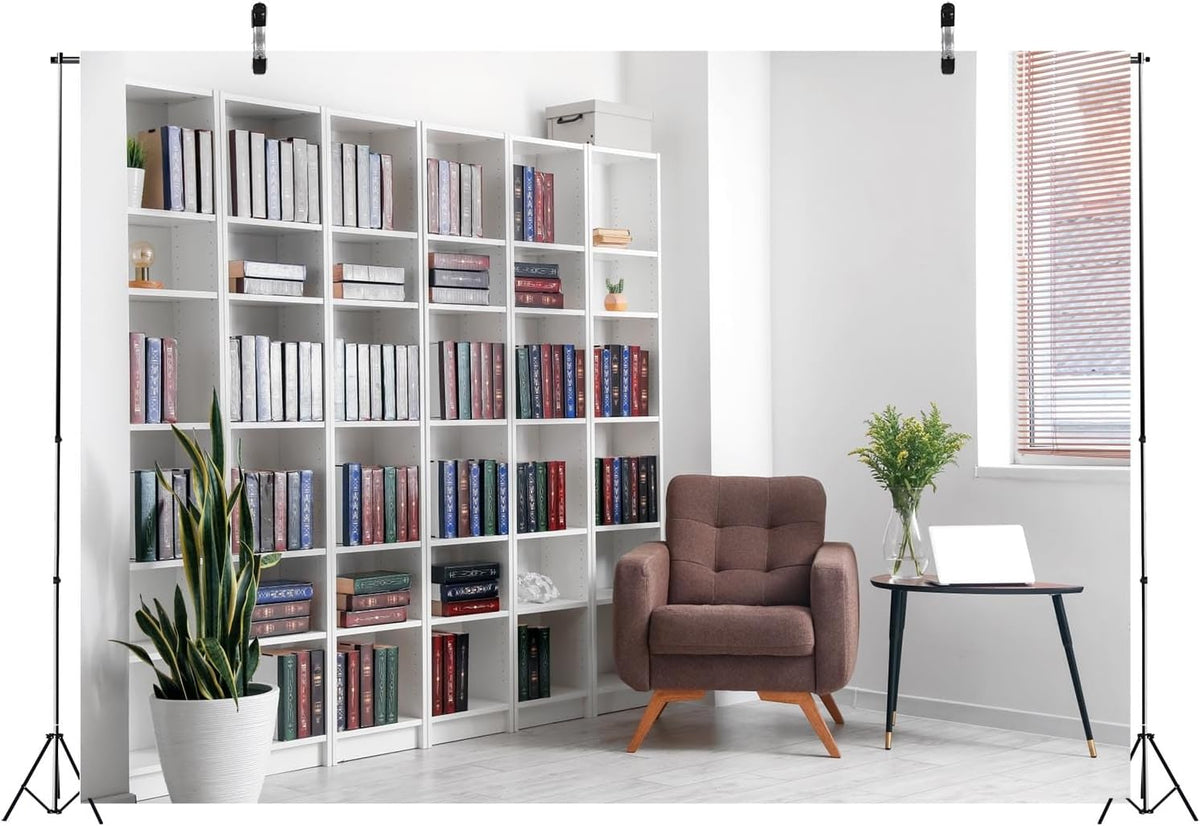 BELECO 7x5ft Fabric Living Room Backdrop Modern Room Interior with Armchair White Bookcase, Office Zoom Meeting