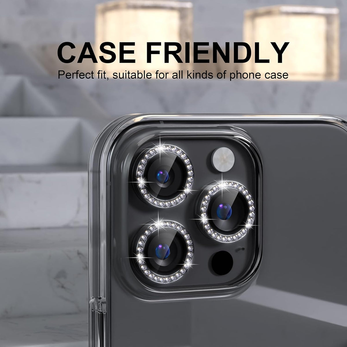 Choiche Compatible for iPhone 16 Pro/iPhone 16 Pro Max Camera Lens Protector Bling, 9H Tempered Glass Camera Cover Screen Protector Metal Ring Decoration Accessories (Diamond-Black)