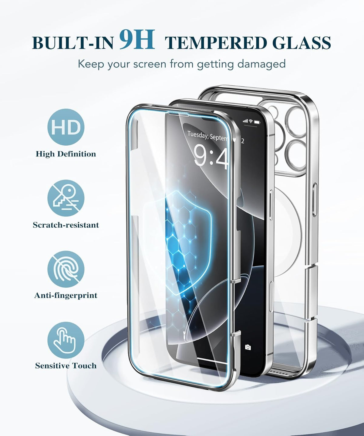 BERFY Magnetic for iPhone 16 Pro Max Case, Compatible with MagSafe,[Built-in 9H Tempered Glass Screen Protector & Upgraded Camera Protection] Full Body Plating Phone Case for 16 ProMax,Titanium Silver