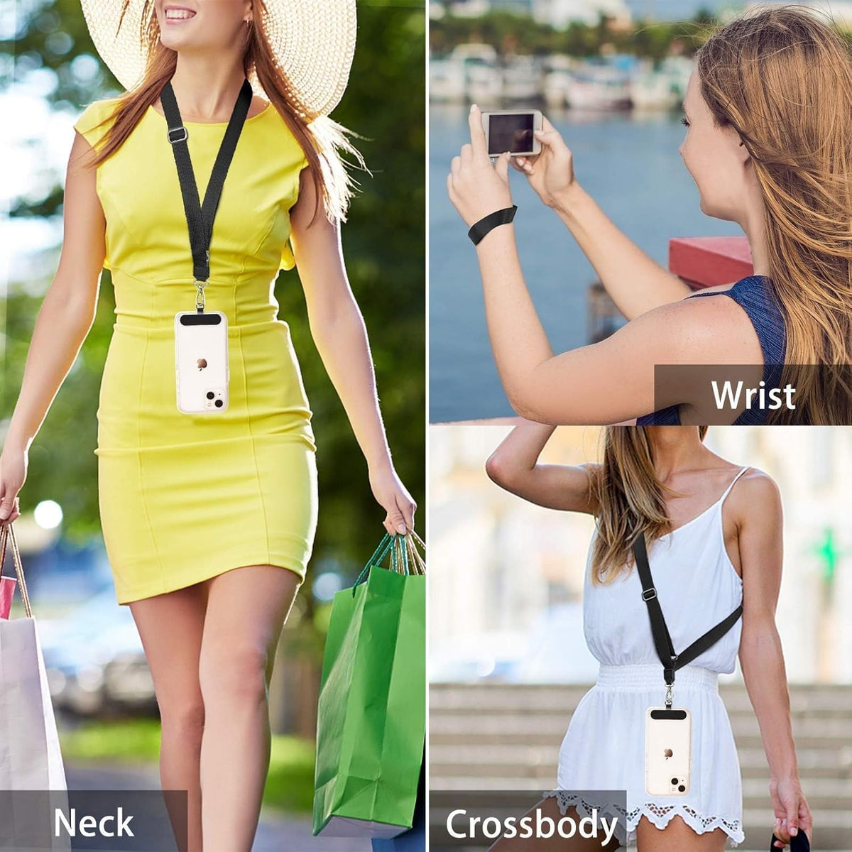 Adjustable Crossbody Cellphone Lanyard for iPhone, Includes 2 Lanyard,2 Pcs TPU phone tether tab, Black＋Clear
