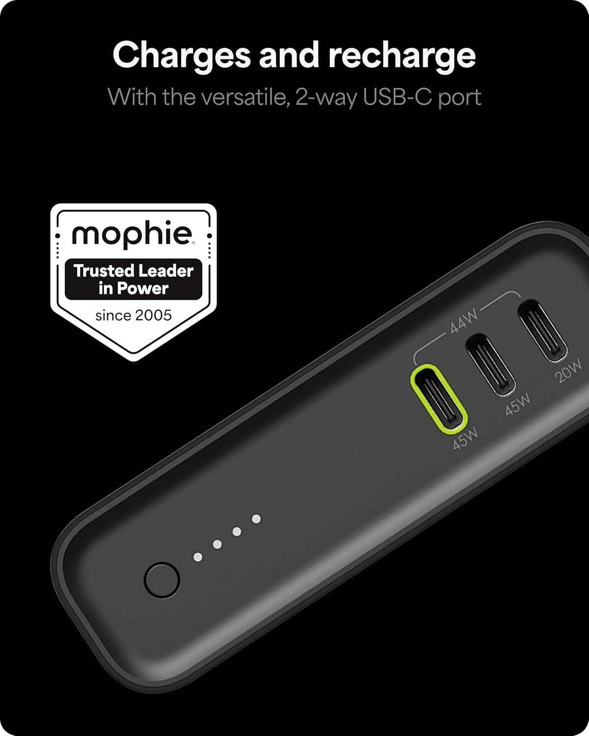 Mophie Powerstation Pro 20,000mAh Power Bank (Gen 3) – Ultra-Fast USB-C PD, 45W Output, Charges 3 Devices, Up to 4 Phone Charges, LED Indicator, Premium Anodized Aluminum Body, Black