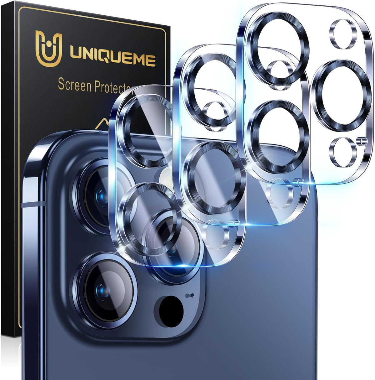 UniqueMe Compatible for 3 Pack iPhone 15 Pro/iPhone 15 Pro Max Camera Lens Protector, [Drop Protection] [Case Friendly] 9H Tempered Glass Camera Cover Screen [2023 New Version]- Blue