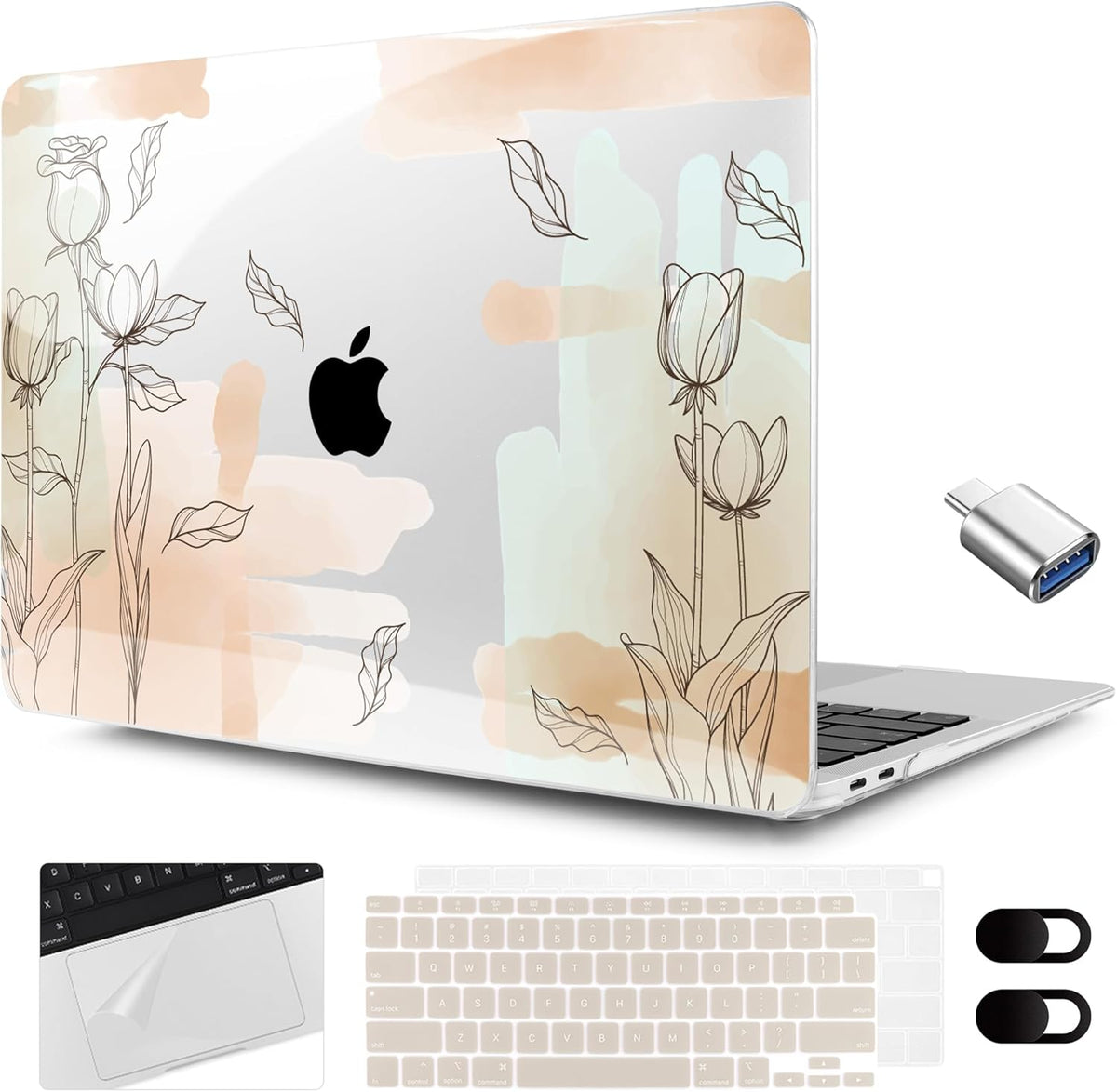 MEEgoodo for MacBook Air 13.3 inch Case 2021 2020 2019 2018 A2337 M1 A2179 A1932, Laptop Shell for MacBook Air M1 with Keyboard Webcam Cover & Trackpad Film & Type C Adapter,Elements Watercolor