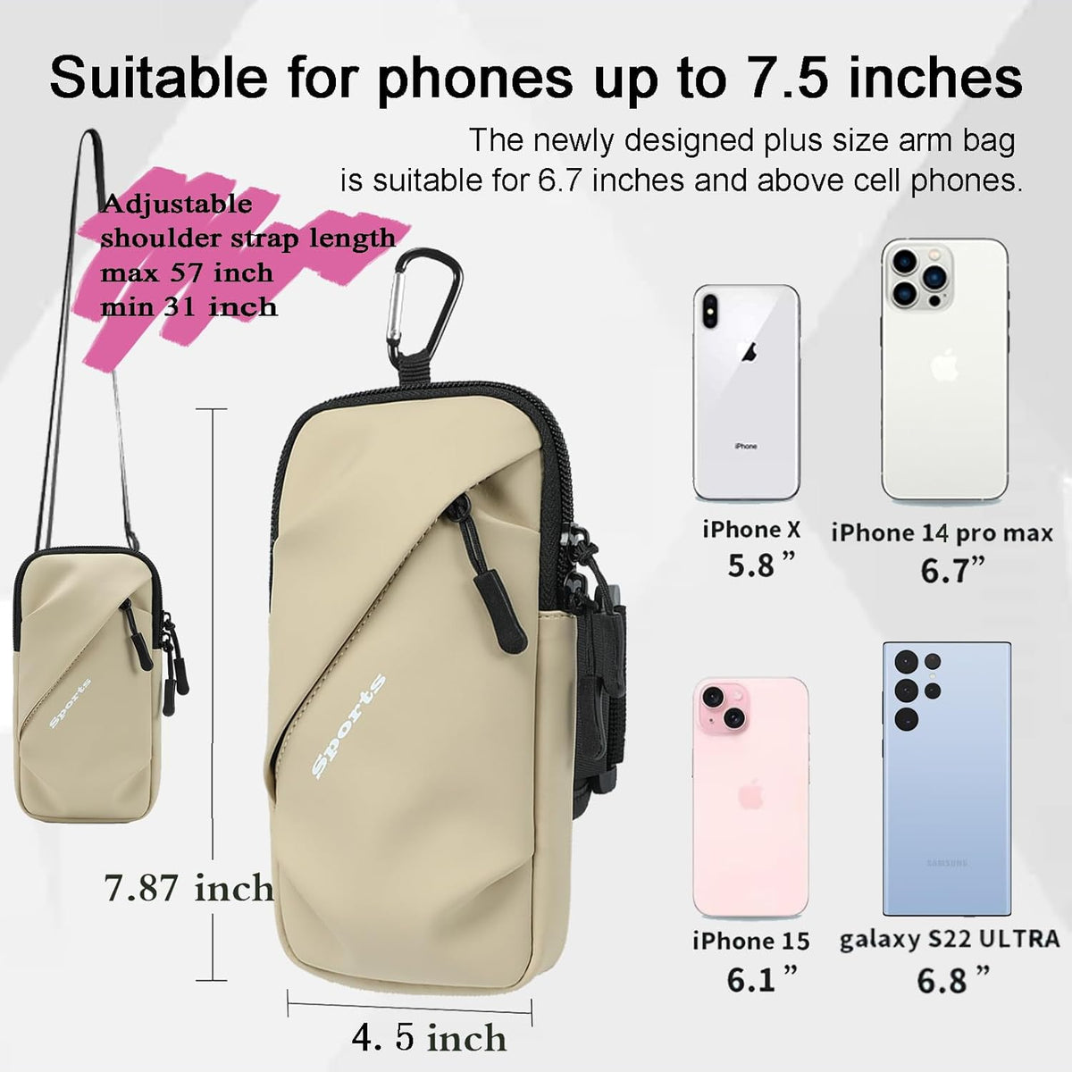 Cell Phone Armbands Running Phone Holder Armband, Phone Holder for Walking, Shoulder Holster Phone Purse Crossbody Bag Phone Pouch (Khaki)