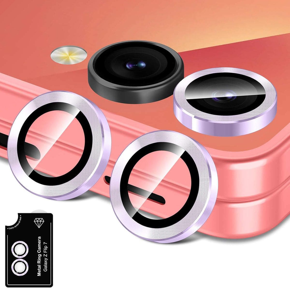 for Samsung Galaxy Z Flip 7 Camera Lens Protector, Individual Metal Ring Tempered Glass Lens Cover, [Strong Adsorption] Scratch Resistant Ultra-Thin HD Clear Lens Cover, 1 Set-Purple