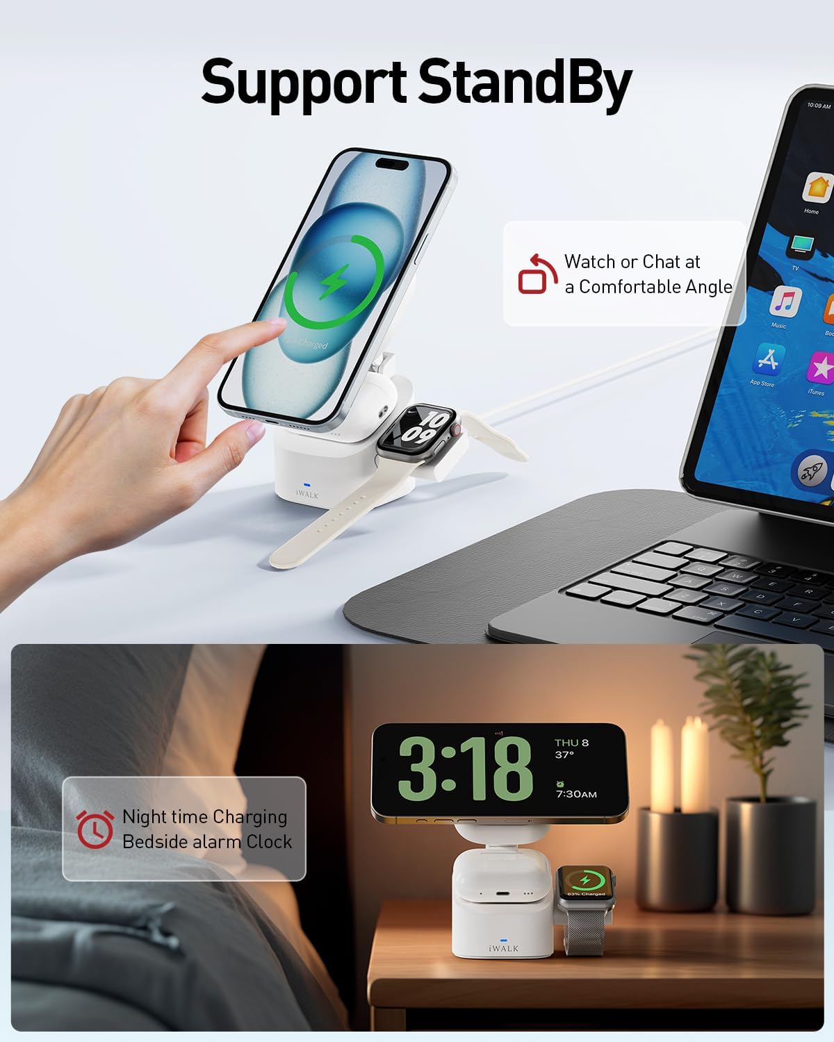 iWALK 3-in-1 Magnetic Wireless Charging Stand, 15W Foldable Charger Station for iPhone 16/15/14/13/12, Apple Watch & AirPods, Adjustable Dock with 20W USB-C Adapter