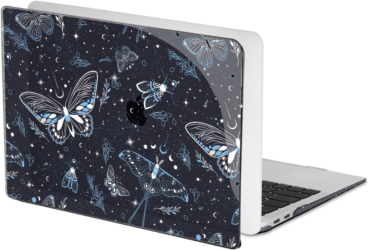 for MacBook Air 13 inch Case 2021 2020 2019 2018 Release M1 A2337 A2179 A1932, Glitter Black Pritned Pattern Hard Case Cover for Mac Air 13 M1 Retina Display with Touch ID, Butterfly Sky
