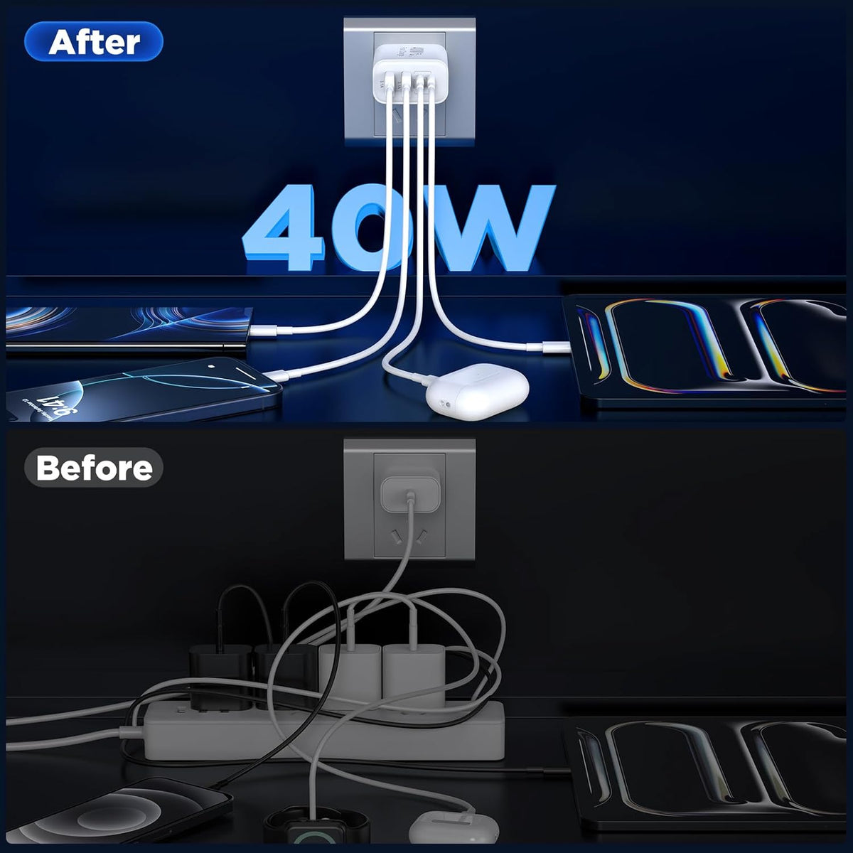 [2 Pack] iPhone 16 Charger Block 4-Port,40W USB C PD Power Adapter Fast Charging+ QC 3.0 USB A Multiport Charger Brick for iPhone 16/15/14/13/Pro Max/XS/XR/8/7, iPad, Airpods,iwatch,Samsung,Tablets