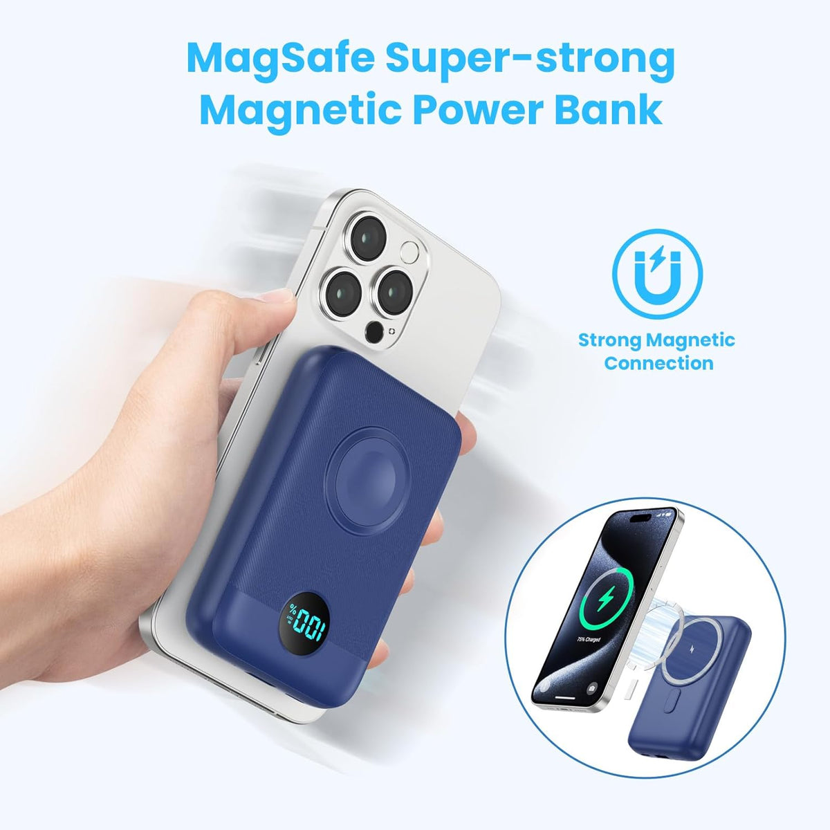 Magnetic Portable Charger 10800mAh,4-in-1 Wireless Power Bank with iWatch Charger, QC4.0+20W PD Fast Charging USB C Battery Pack with LCD Display for Magsafe,iPhone 16/15/14/13/12,Apple Watch (Blue)