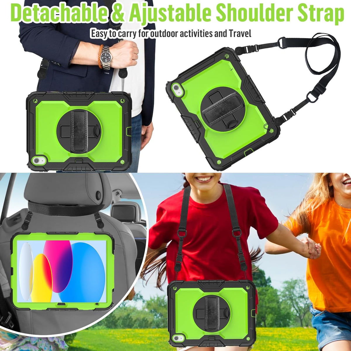 BLOSOMEET Case for iPad A16 11th/10th Generation 11''/10.9'' 2025/2022 with Tempered Glass Screen Protector & Pencil Holder, Rugged Military Grade Cover w/Stand Hand Shoulder Strap, Green