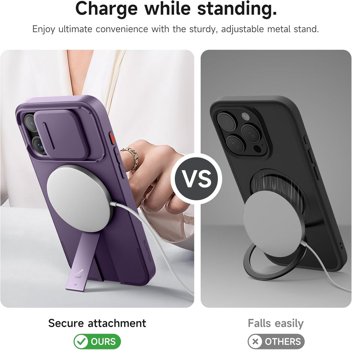 SURITCH for iPhone 15 Pro Max Case with Magnetic Camera Slide Cover and Adjustable Kickstand, Compatible with MagSafe, Shockproof Bumper Case Slim Protective Cover 6.7 Inch, Dark Purple
