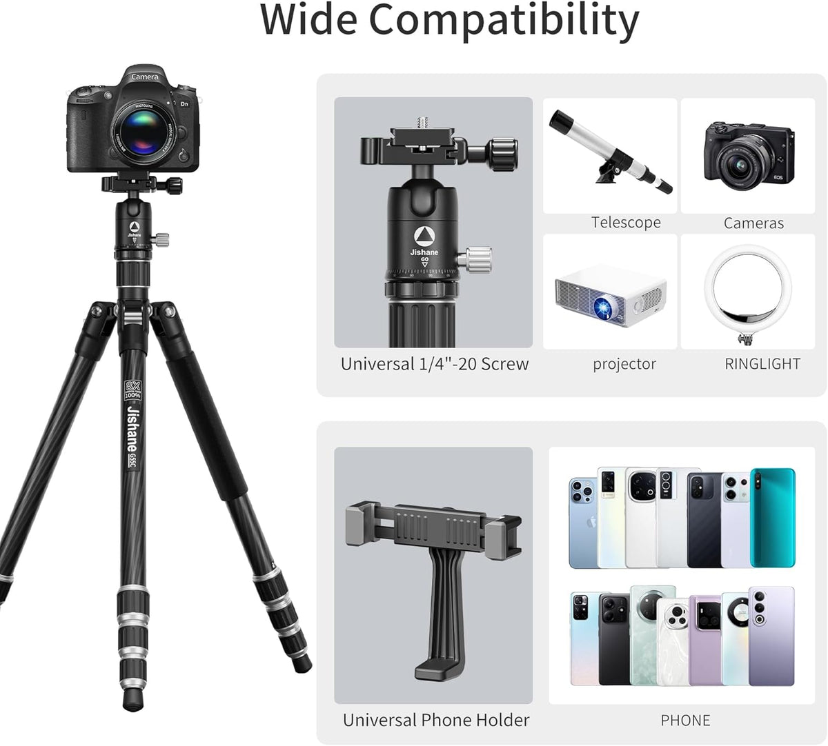 Carbon Fiber Camera Tripod, 62" Professional Video Tripod for Camera with 360° Ball Head, 1/4" Arca QR Plate, Compact Lightweight Travel Monopod for DSLR/Smartphone, Max Load 17.6 lbs/8kg