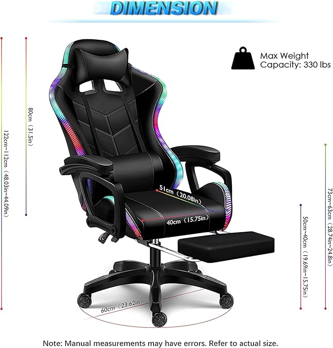 Gaming Chair with Speakers and RGB Lights Video Game Chairs Ergonomic Pro Office Chair with Full Massage Lumbar Support 90°-135° Backrest Adjustable Computer Chairs with FootrestPink