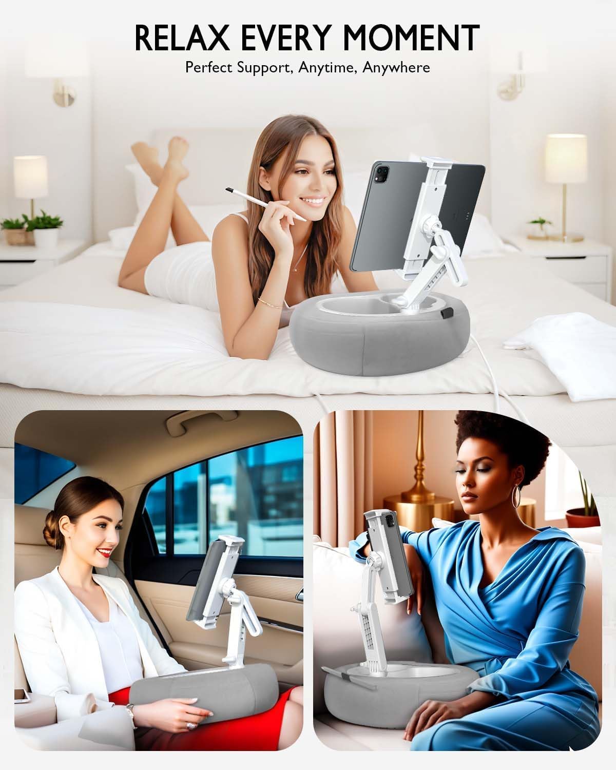 Tablet Pillow Stand, Compatible with 5"-12.9" Kindle, iPad, Phone/Tablet, Google, Samsung, 360° Rotating Phone Holder for Bed, Soft Plush Fabric, Detachable Bowl, Reading and Relaxation on Bed, Gray