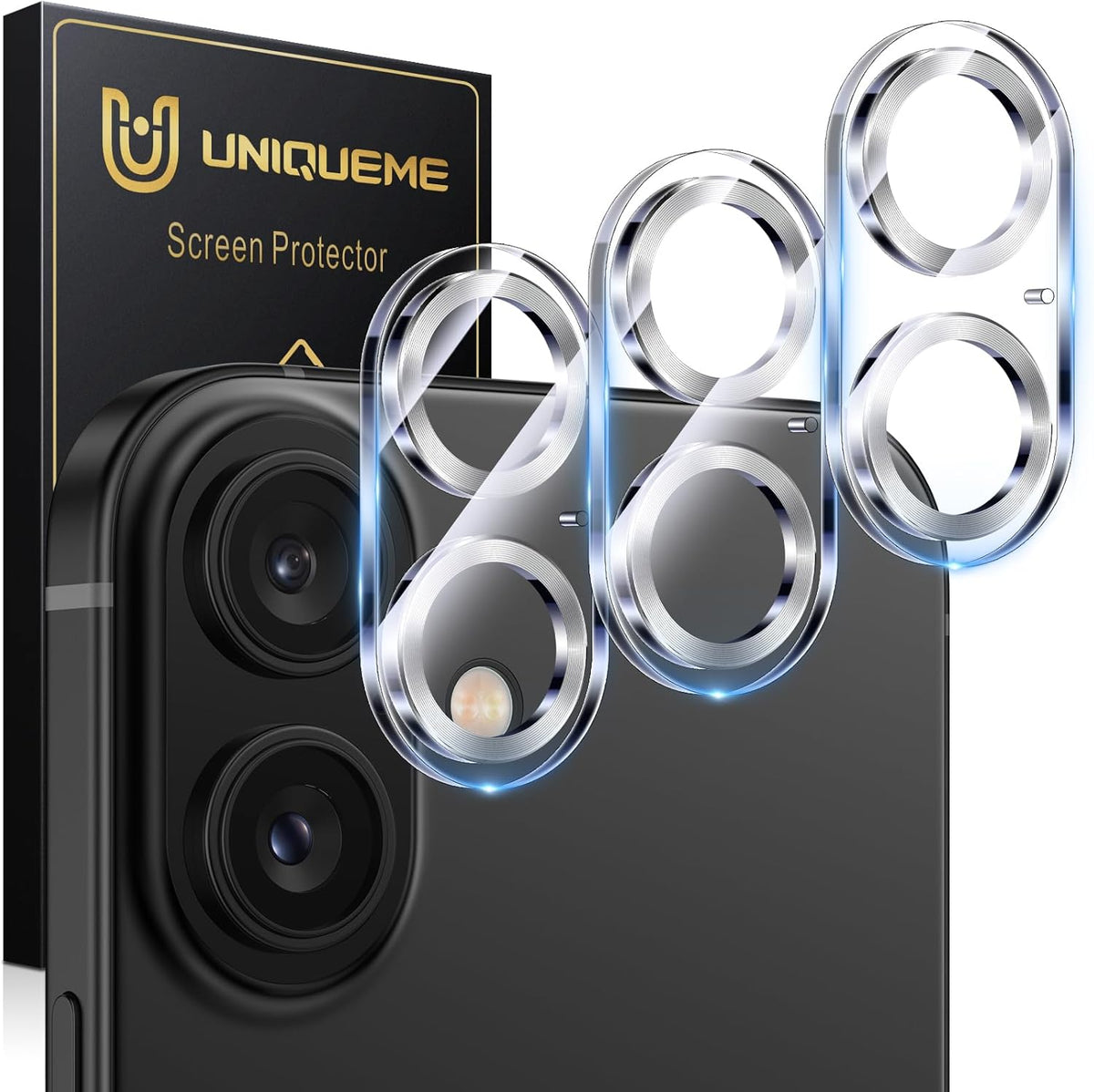 UniqueMe for 3 Pack iPhone 16 / iPhone 16 Plus Camera Lens Protector - [Drop Protection] [Case Friendly] 9H Tempered Glass Camera Cover Screen [Update New Version] - Silver