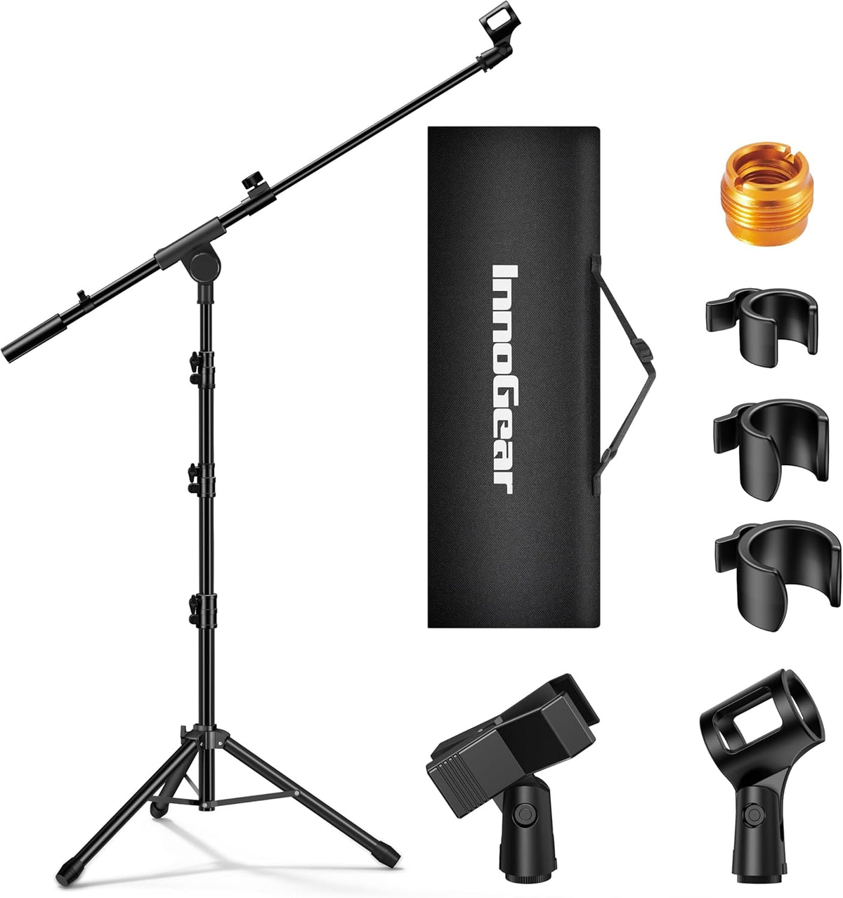 InnoGear Microphone Stand, 2 Pack Tripod Boom Arm Floor Mic Stand Height Adjustable with Carrying Bag 2 Mic Clips 3/8" to 5/8" Adapter for Singing Podcast for Blue Yeti Shure SM58 SM48 Samson Q2U