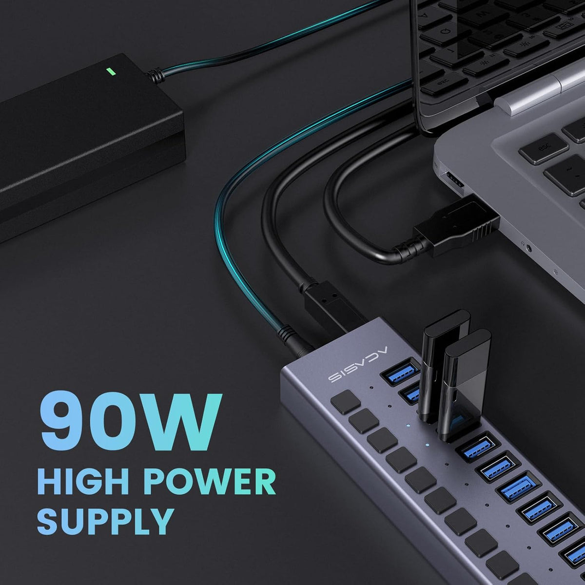 90W Powered USB Hub - ACASIS 16 Ports USB 3.0 Data Port, Aluminum Housing, Individual On/Off Switches, 12V/7.5A Power Adapter, USB Splitter for Laptop, PC, Computer, Printer