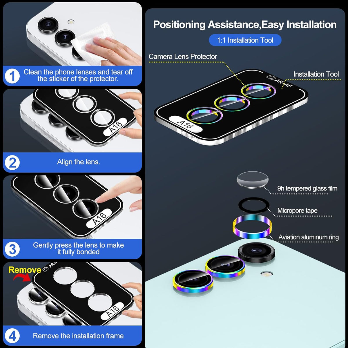for Samsung Galaxy A16 Camera Lens Protector, Individual Metal Ring Tempered Glass Lens Cover, [Strong Adsorption] Scratch Resistant Ultra-Thin HD Clear Lens Cover, 1 Set-Colorful Ring