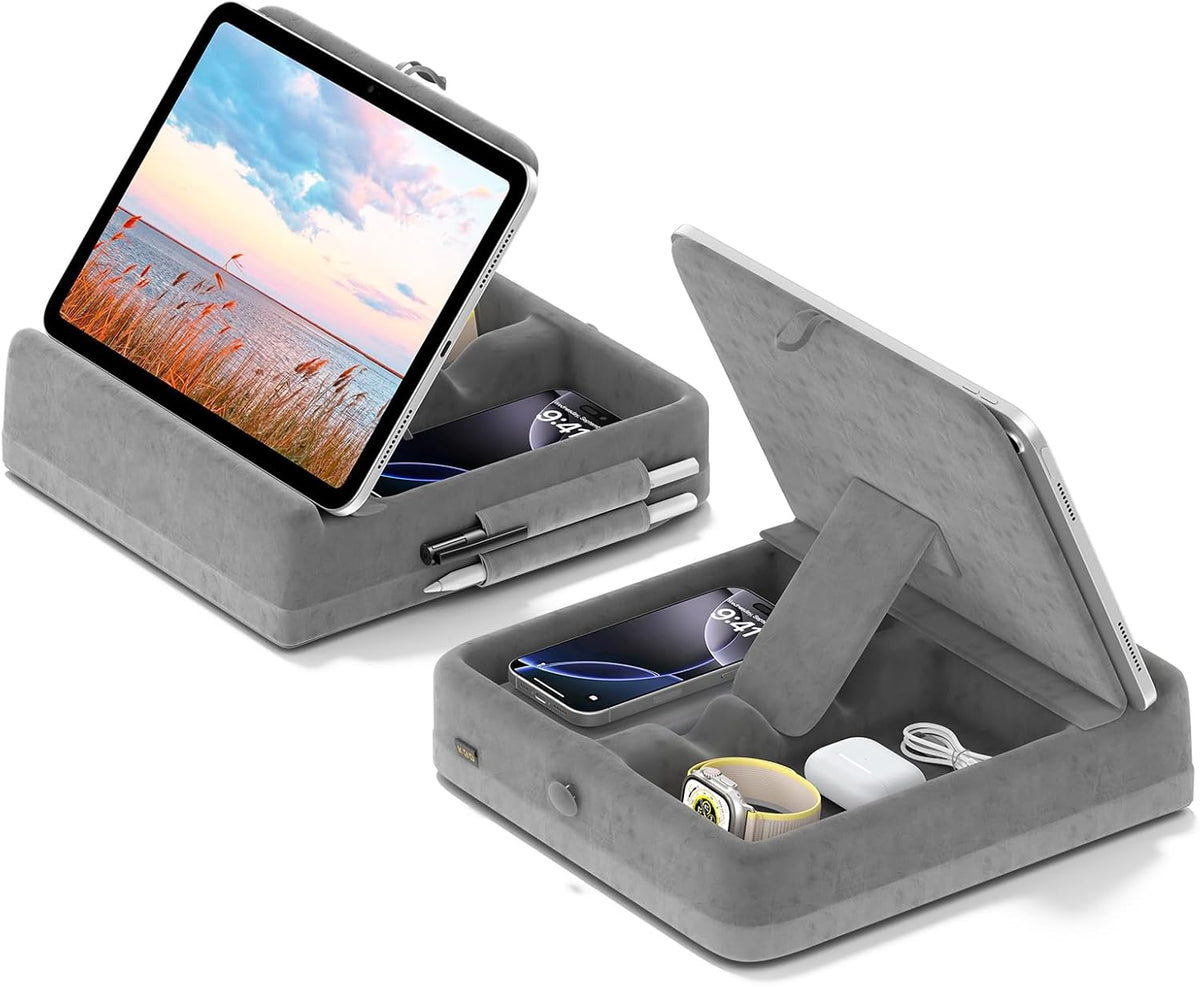 KDD Tablet Pillow Stand with Storage, Foldable Ipad Holder for Bed, Lap and Desk, Angle Adjustable Soft Pad Dock with Stylus Mount Compatible with Ipad Pro 12.9, 10.5, 11, Air, Mini, Phones, Books