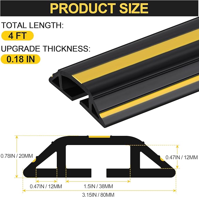MYFAMIREA 4FT Floor Cord Cover Heavy Duty Cable Cover Protector with 3 Channels Extension PVC Floor Wire Cover Outdoor Cord Hider Management Cord Cover for Wire on Floor for Home Office Outdoor