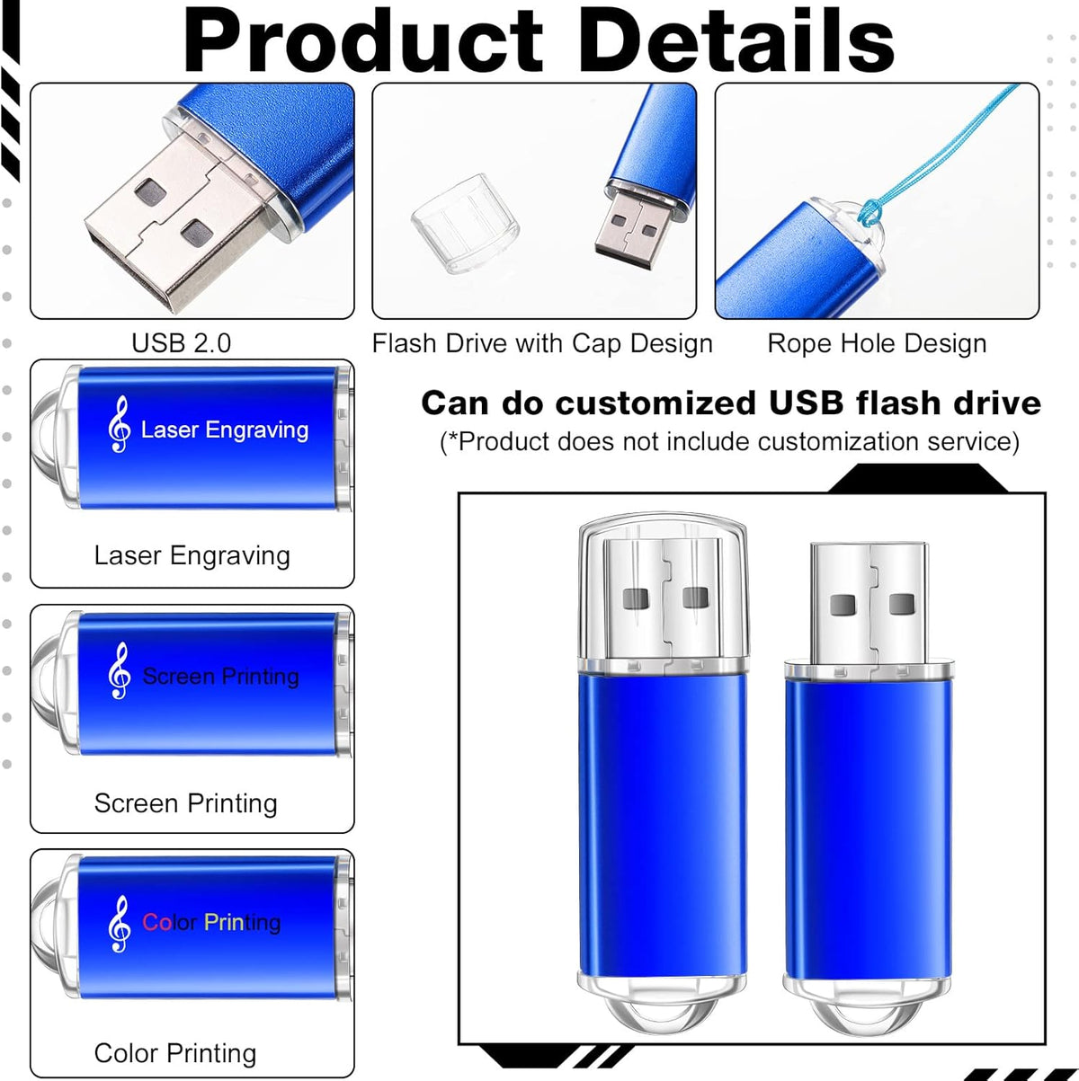 Hoteam 50 Pack USB 2.0 Flash Drives Bulk Blue Portable Thumb Drive with Hat USB Sticks Bulk with 50 Pcs Lanyards for Data Storage File Sharing Commercial Gift(8GB)