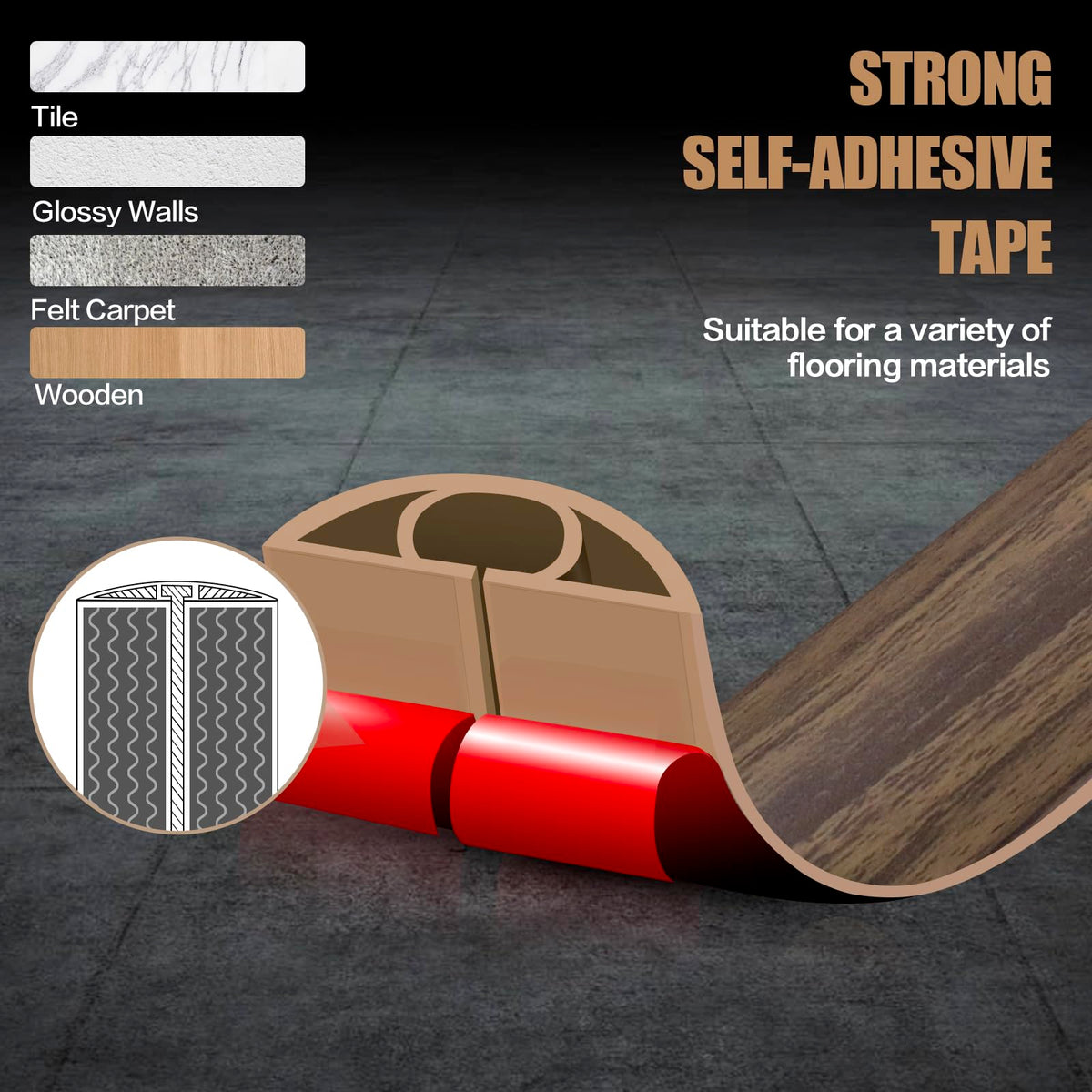 Floor Cord Cover Self Adhesive Cord Hider,3.3FT Cable Management, Extension Strip Protector for Wires, Prevent Cable Trips for Offices, Gyms, Exhibitions Cavity:0.3"(W) x 0.28"(H) Wood Walnut