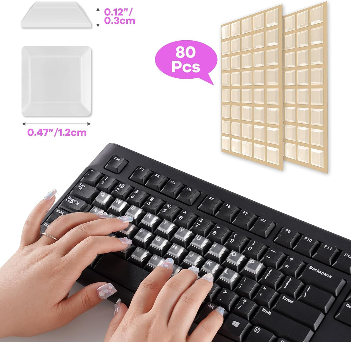 Tomorotec 80PCS Clear Silicone Raised Keyboard Key Cover Stickers for Long Nails, Soft & Smooth Surface Non-Slip Typing Protectors, Universal Fit for Most Standard Keyboards, Easy to Apply and Replace