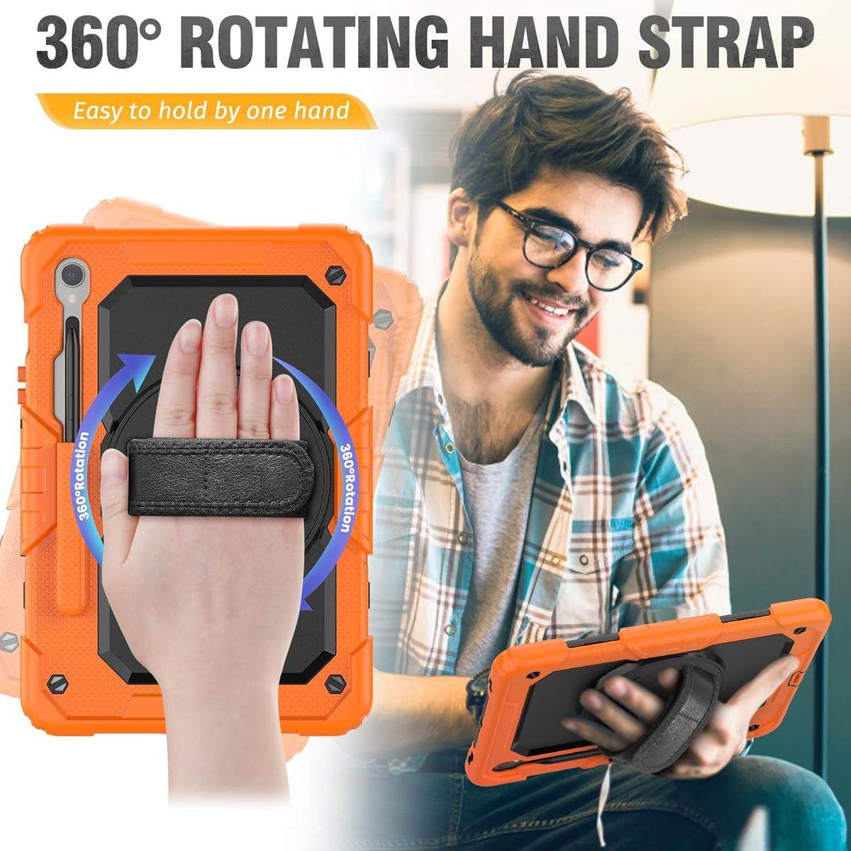 HXCASEAC Case for Galaxy Tab S10 FE / S9 FE 5G 10.9 inch, Shockproof Design with Screen Protector, 360° Hand Strap Stand, S Pen Holder, Heavy Duty Protective Samsung S9 FE / S10 FE Tablet Case,Orange