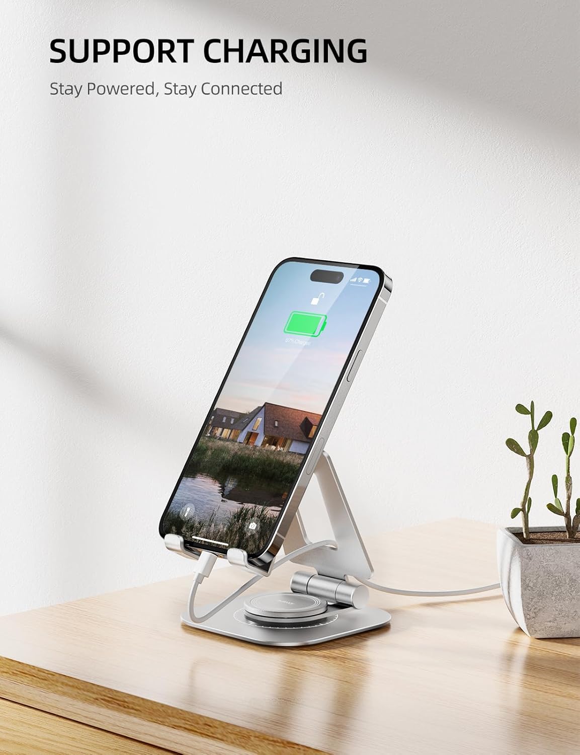 Nulaxy Rotatable Cell Phone Stand, Fully Adjustable Foldable Desktop Phone Holder Cradle Dock, Thick Case Friendly, Compatible with All Phones, Nintendo Switch, Silver