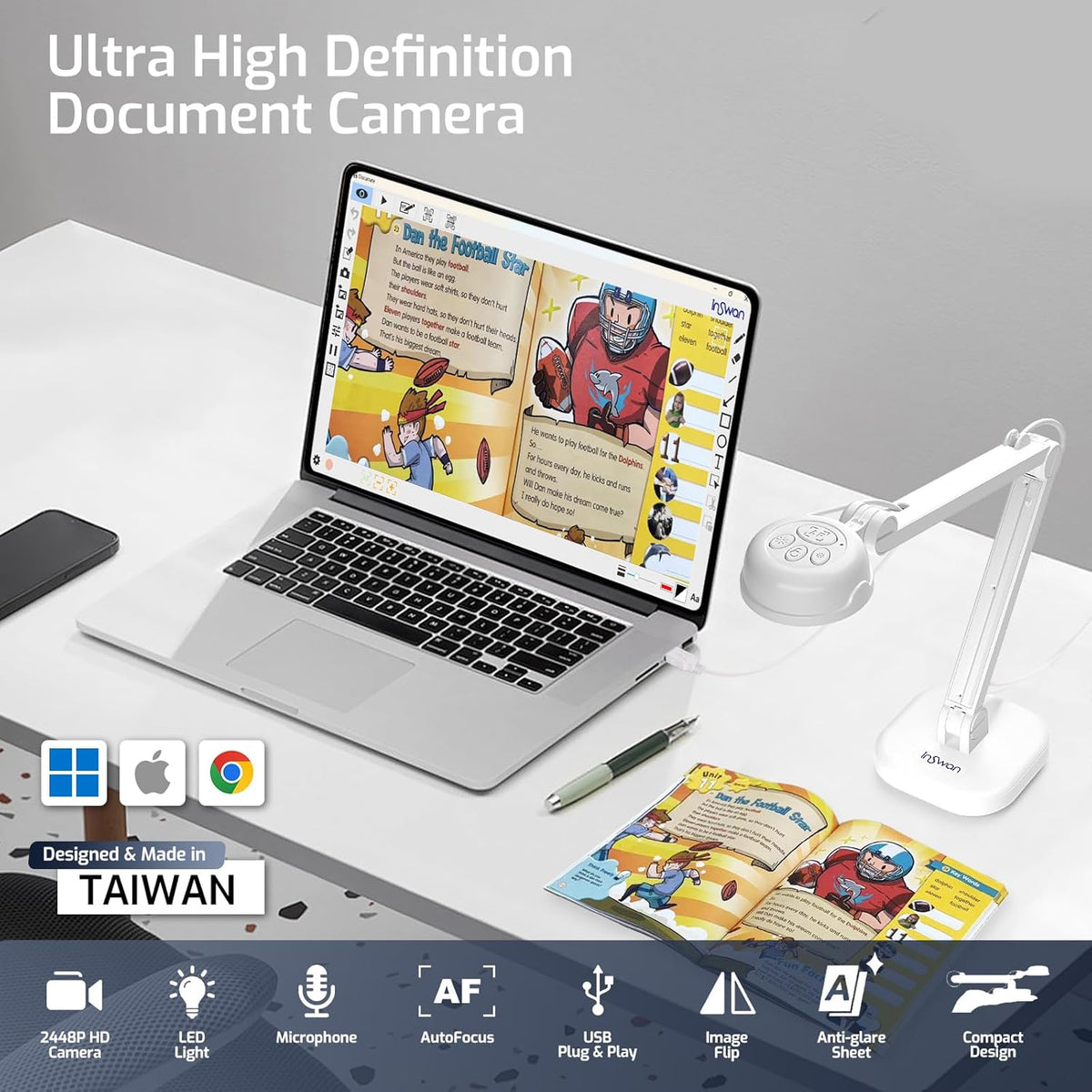 INS-1 USB Document Camera — 8MP Ultra HD, Auto Focus, LED Light, Built-in Microphone, Mac OS, Windows, Chromebook Compatible for Distance Learning, Remote Teaching, Web Conferencing, Live Demo