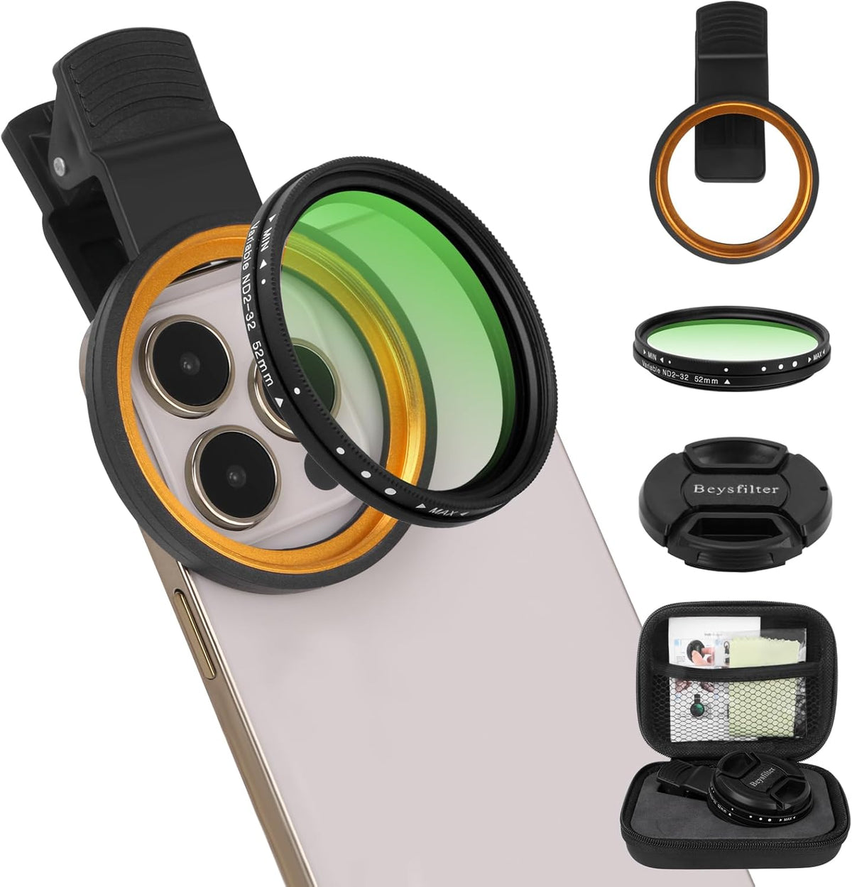 52MM Variable ND2-32 Filter for Phone, Multi-Coating Clip-On Variable Neutral Density Lens Kit, Compatible with iPhone 16/15/14/13 Pro Max, Samsung Galaxy, Google Pixel and Other Smartphone