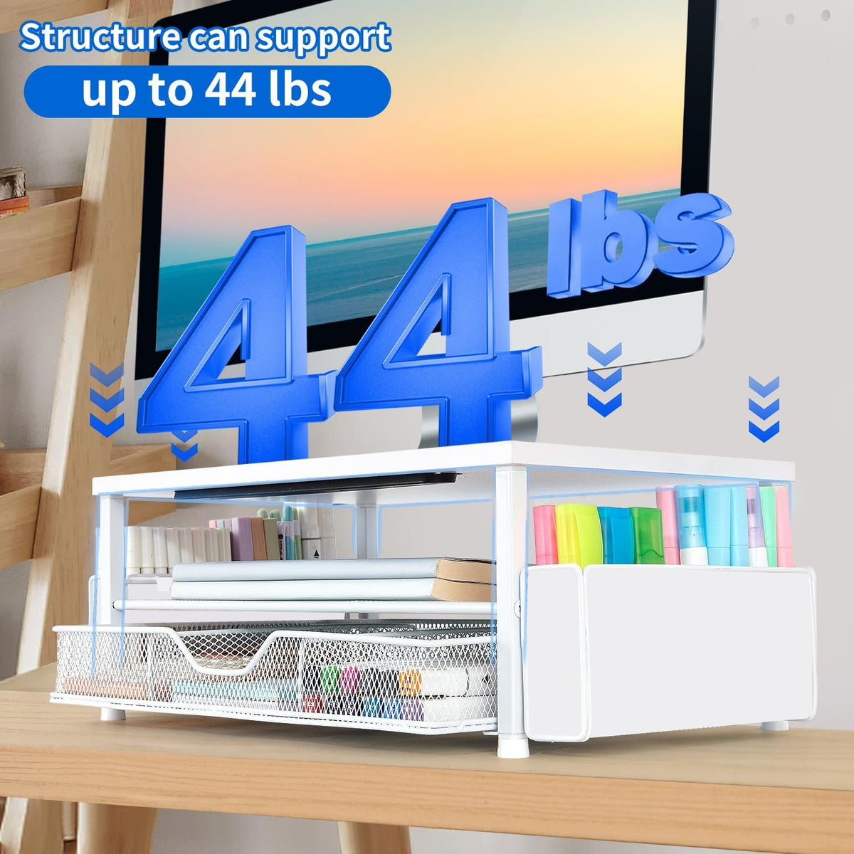 2-Tier AUPSEN White Monitor Stand Riser, Wood Computer Desk Organizer with Drawer, Pen Storage & Phone Holder, Office