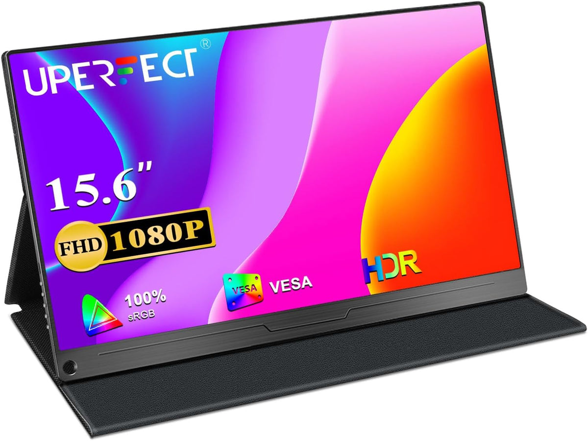 UPERFECT Portable Monitor, 15.6" IPS HDR 1920X1080 FHD Eye Care Travel Screen USB C Gaming Monitor, Dual Speaker External Monitor HDMI Type-C VESA for Laptop PC Phone w/Case
