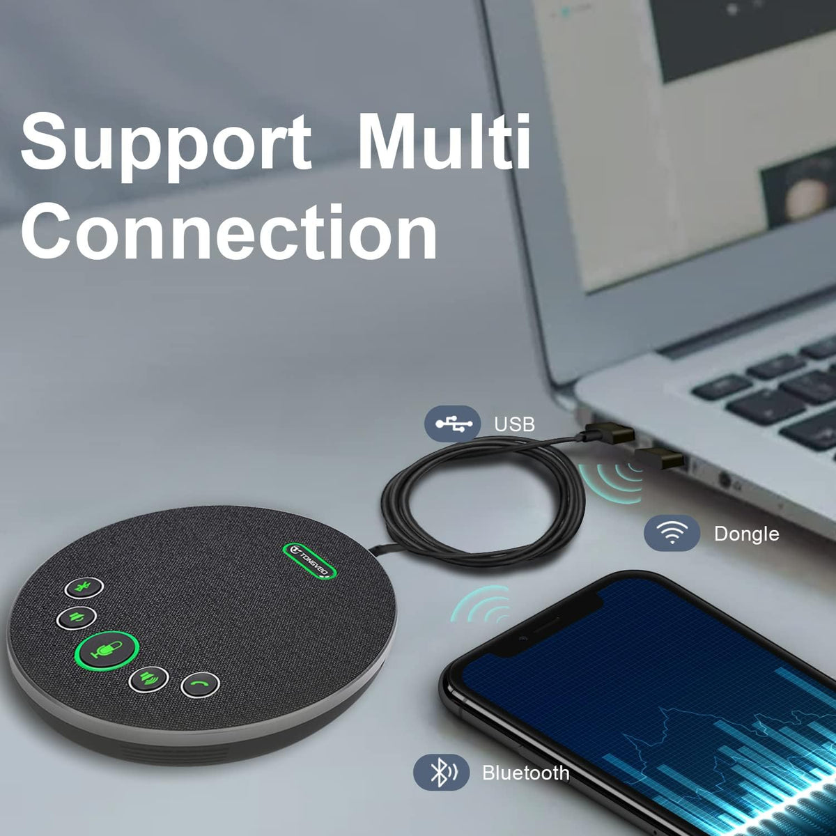 Bluetooth Speakerphone Conference Microphones, Wireless Conference Speaker 360°Voice Pick up with 4 AI Noise Cancellation Mics USB/Dongle/Bluetooth Connection 8 Hour Call Time for 8-12 People