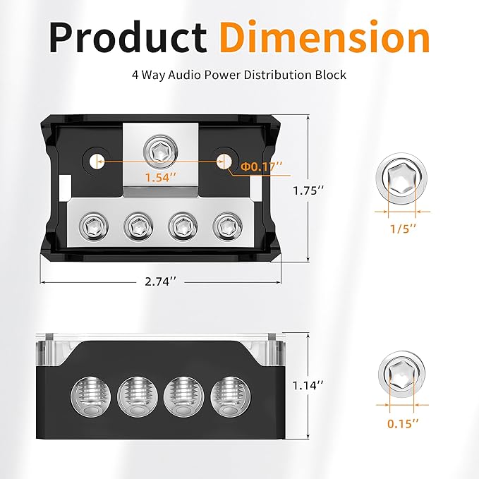 Joinfworld 4 Way Power Distribution Block Car Audio 0/2/4 Gauge Input 4/8/10 Gauge Output Amp Ground Distribution Block Splitter - 2pcs
