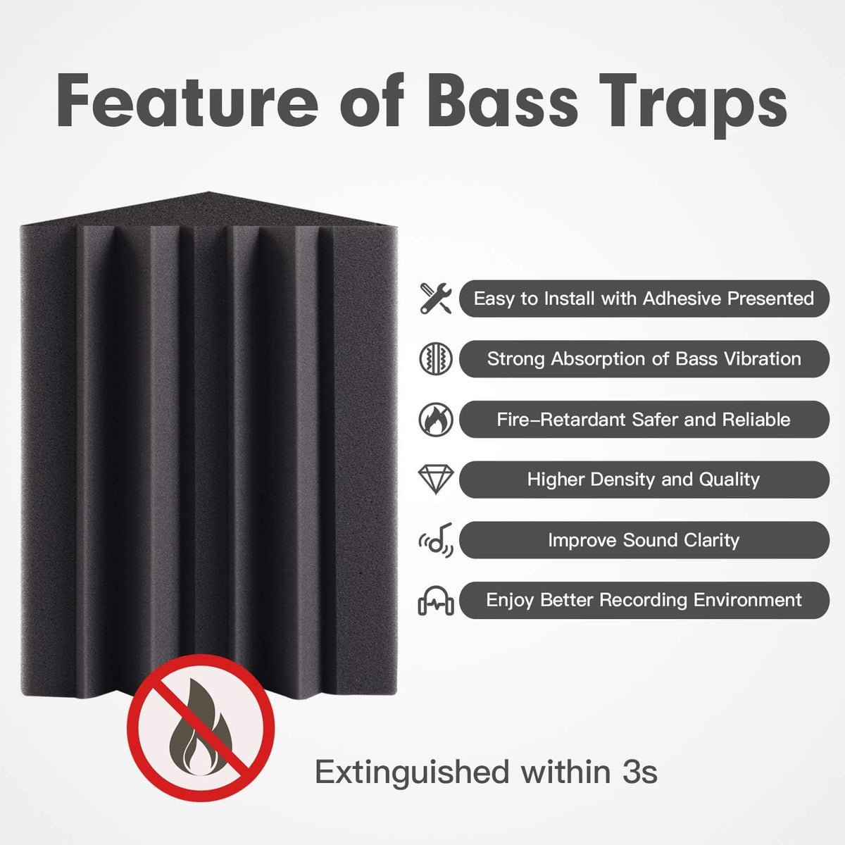 8 Pack - Bass Traps Acoustic Foam Corner, 8''x8''x12'' Black Bass Traps Corner Studio Foam, High Density and Fire-Proof Bass Traps Acoustic Panels Recording Studio Acoustical Treatments