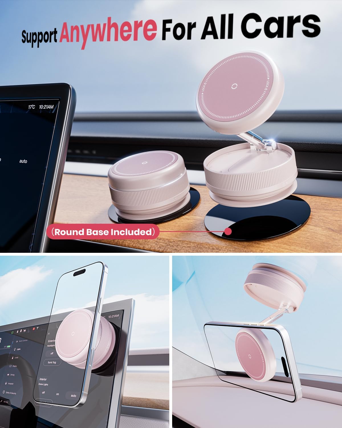 Upgraded 360° Vacuum Magnetic Car Phone Holder for Magsafe [96+LBS Strongest Suction & 2800gf Strongest Magnetic], Adjustable Car Phone Mount for Your Car/Gym/Mirror for iPhone & Android, Light Pink