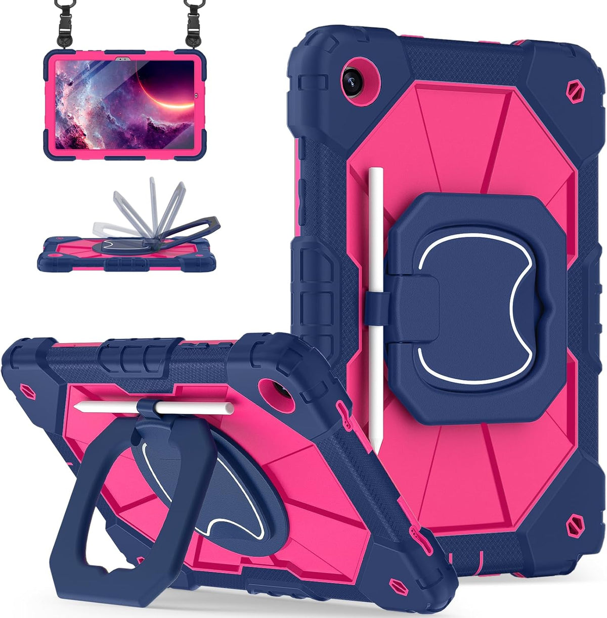 for Galaxy Tab A9 Plus Case 11 Inch, Rugged Case for Samsung Galaxy A9+ Tablet with Screen Protector 360 Rotating Stand Shoulder Strap Pen Holder, 2023 Model(SM-X210/X216/218), Navy Pink