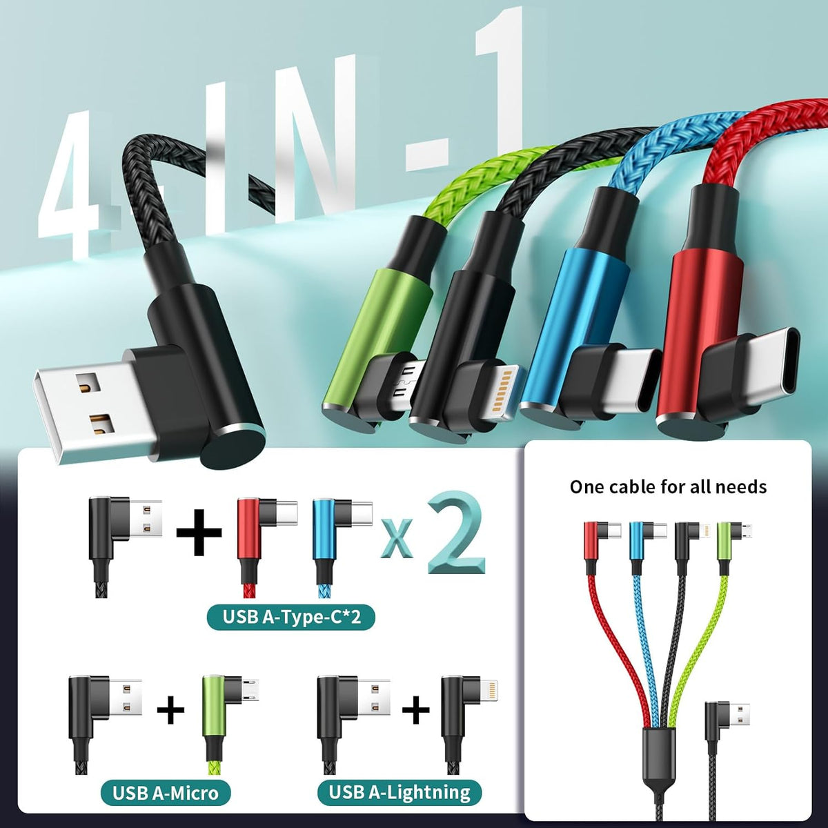 90 [2Pack 5FT], 4 1 Travel Essentials Degree Multi Charging Cable Right Angle in Charging Cable, USB Cable Charging