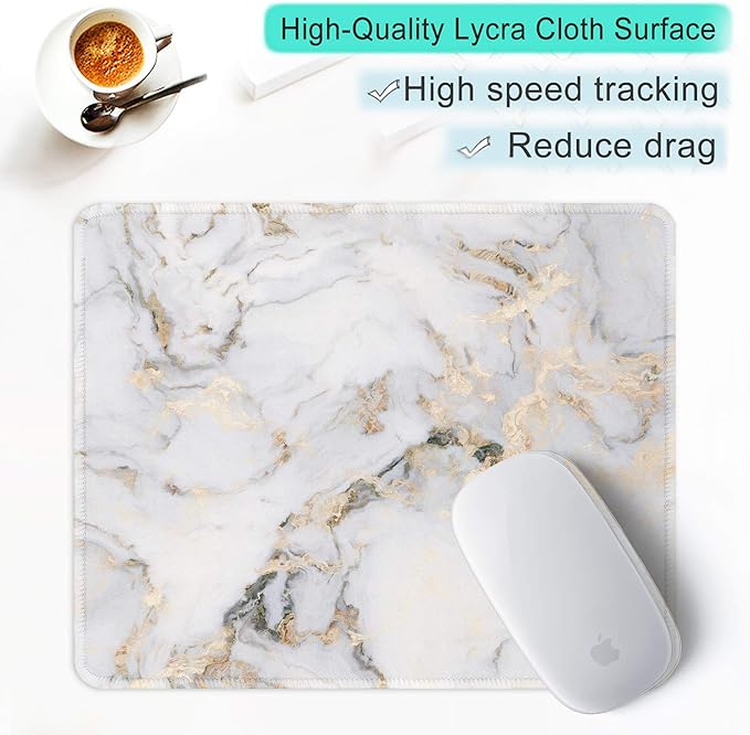 ITNRSIIET Mouse Pad with Stitched Edge Premium Textured Smooth Precise Operation Waterproof Washable Non-Slip Rubber Base Desktop Protection Mat, 10.2×8.3×0.12 inches, Gray Marbling Gold