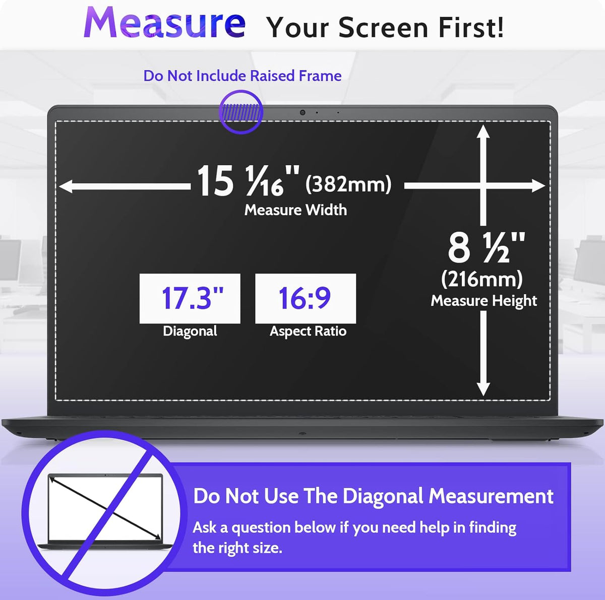 17.3 Inch Laptop Privacy Screen Compatible With Lenovo Hp Dell Acer Asus Thinkpad Envy, 16:9 Aspect Removable Anti Glare Blue Light Filter Protector, 17.3inch Computer Monitor Security Shield