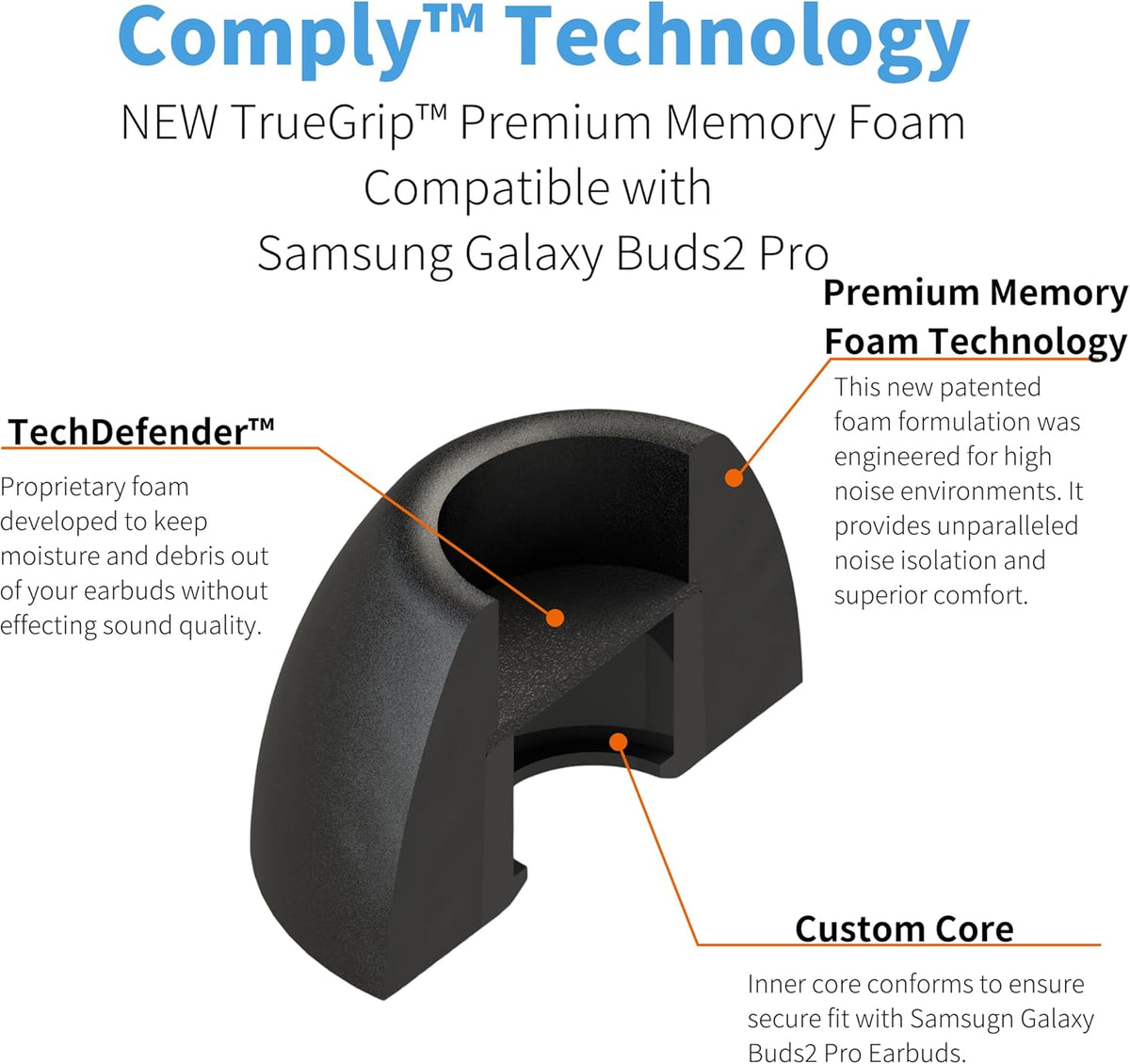 Comply TrueGrip | Premium Memory Foam Replacement Earbud Tips for Samsung Galaxy Buds2 Pro | Enhanced Comfort, Secure Fit, Superior Noise Isolation, Cleaning Tool | Black, Large (3 Pairs)