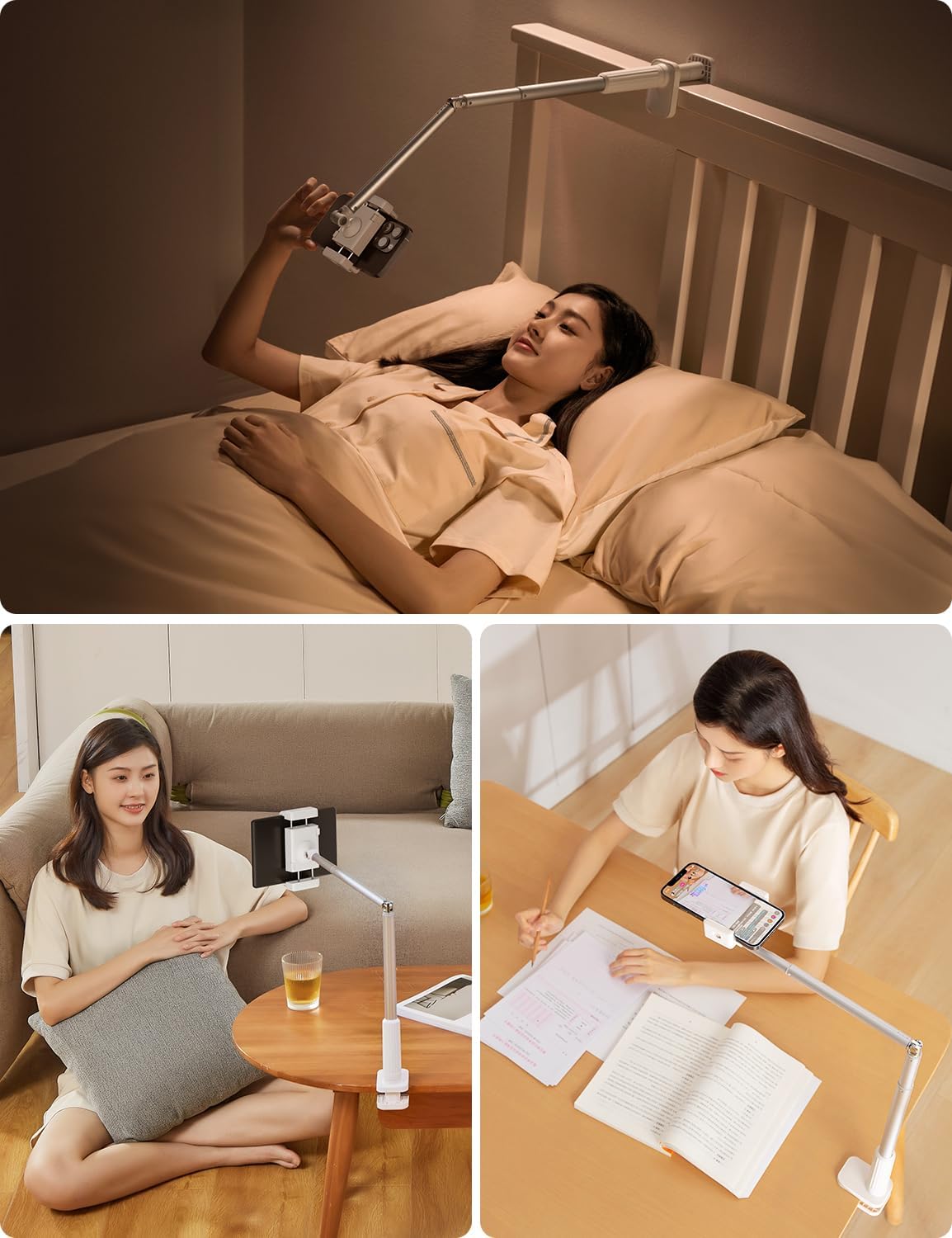 Phone Holder for Bed, 360° Rotation Cell Phone Stand, Flexible Long Arm Headboard Bedside Clip, Multi-Functional Overhead Phone Mount for 3.5-11" Phones, Tablets, Kindle, White