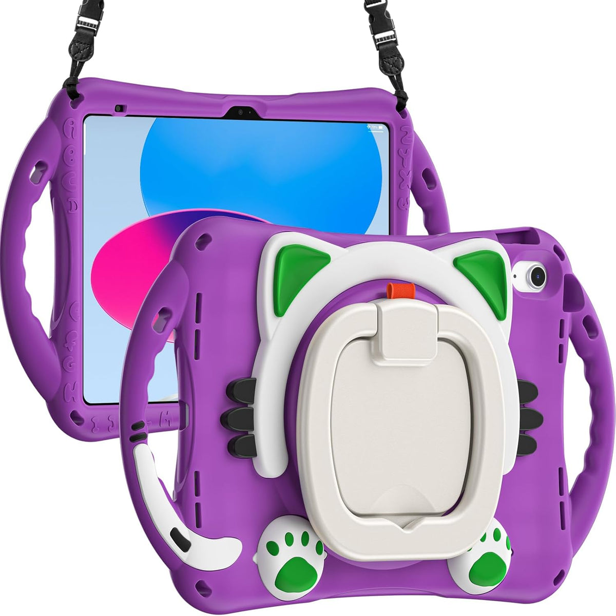 BRAECN Cute Cat Case for iPad (A16) 11th/10th Generation 11”/10.9'' 2025/2022, Silicone Kids Boys Case with Pencil Holder, Carrying Shoulder Strap, 360°Rotating Handle Grip & Kickstand, Purple