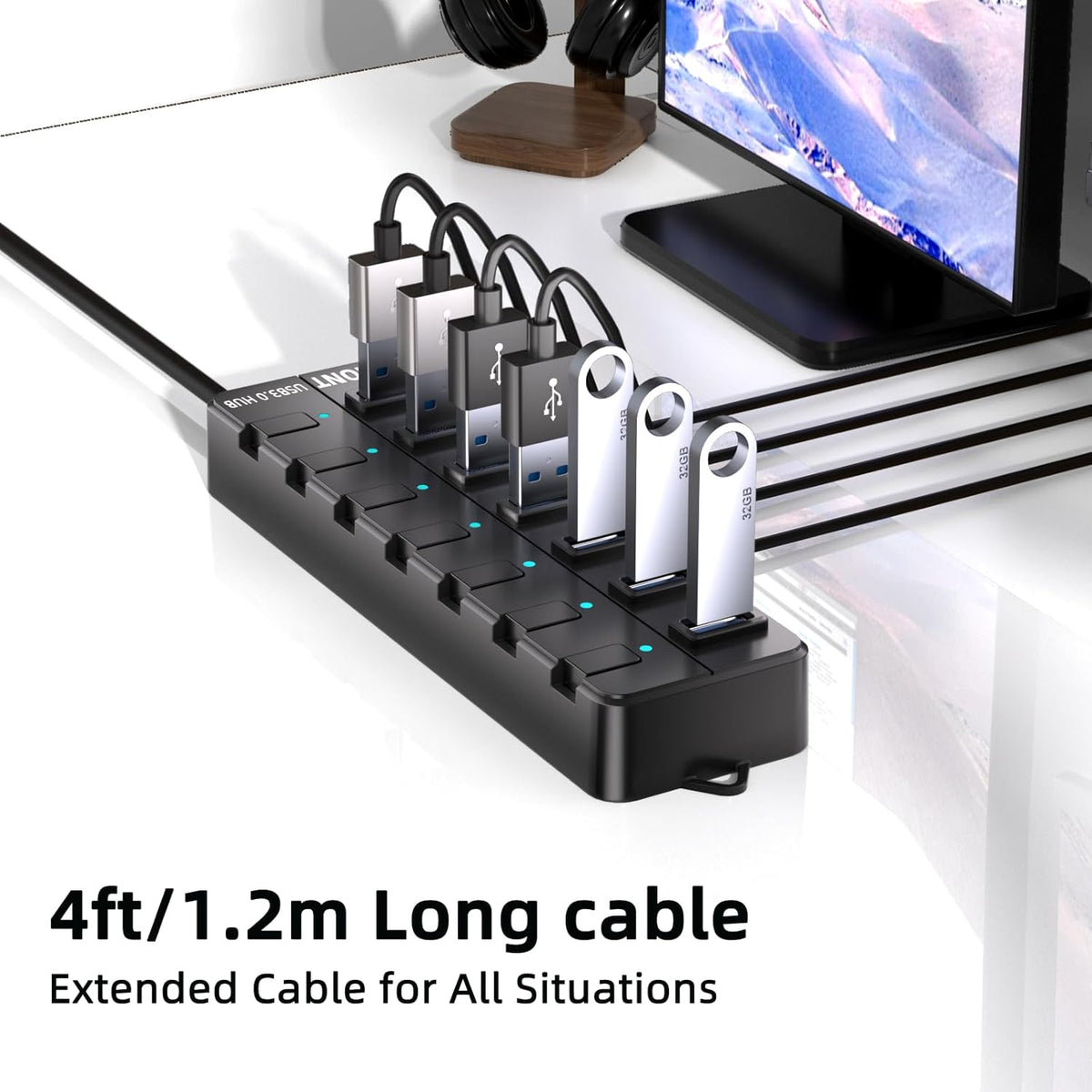 VEMONT 7-Port USB 3.0 Hub (Equipped with a 4-Foot Data Cable, Individual Switch, and Indicator Light, it Supports Data Transfer speeds of up to 5Gbps) Suitable for Desktop Computers and laptops.