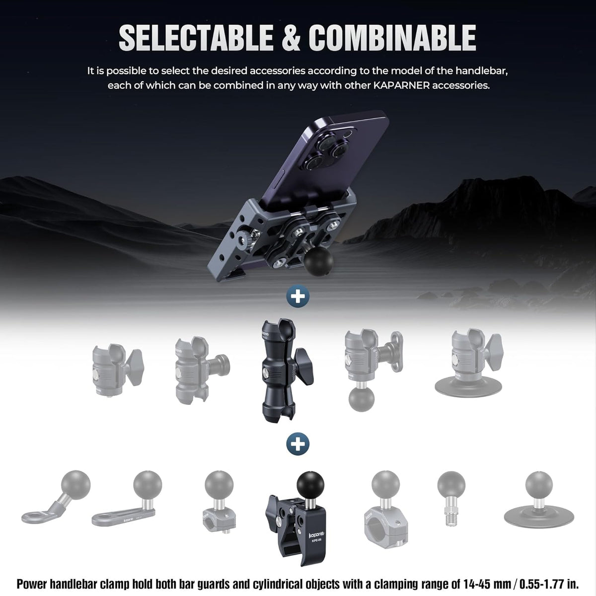 Riding Phone Holder Kit, Include Dual Socket Arm/Handlebar Strong Rod Clamp/Adjustable Phone Clip, Suitable for 5.5-7" Smartphone, Installed on 0.55-1.77" Diameter Rail Round Rod (KPS-14)