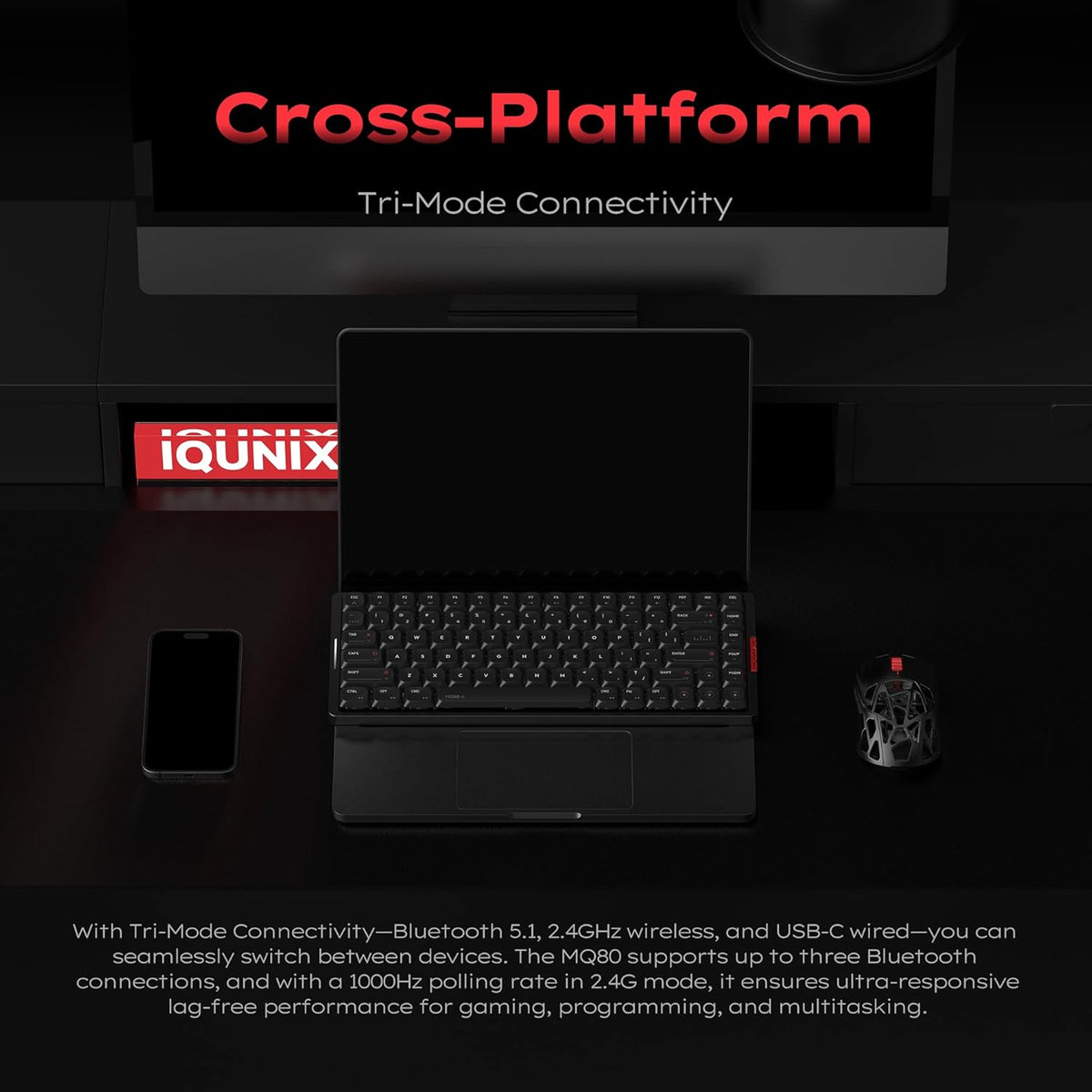 IQUNIX MQ80 Low Profile Mechanical Keyboard for Work and Gaming Tri Mode Wireless Wired CNC Aluminum Hot Swappable RGB Backlit Long Battery Life VIA Support (Black)