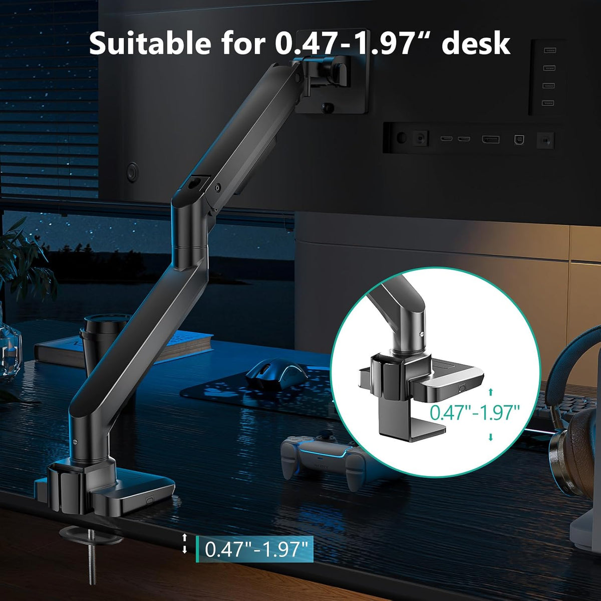WALI Single Monitor Gas Spring Desk Mount, Heavy Duty Monitor Arm for Ultrawide Screen up to 49 inch, 44 lbs with USB. Fully Adjustable, Mounting Holes 75 and 100 (GSMU001XL), Black